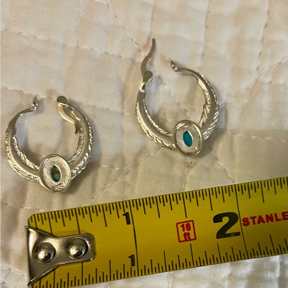 Silver and Turquoise and coral Hoop Earrings-marked 925- lightweight - Picture 3 of 5